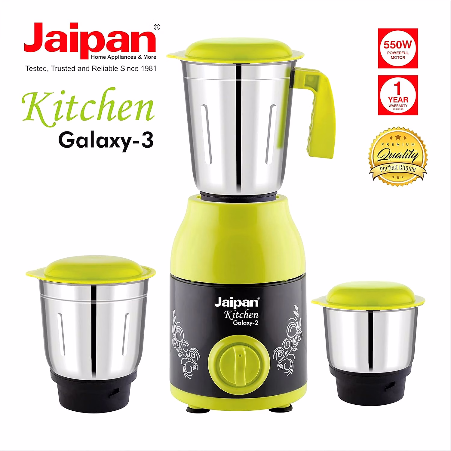 Jaipan Kitchen Galaxy-3 Mixer Grinder 550W | 3 Stainless Steel Jars | Powerful Motor with Overload Protection | 3 Speed Control with Incher | Multipurpose Grinding & Blending | 1 Year Warranty | Green & Black image 2