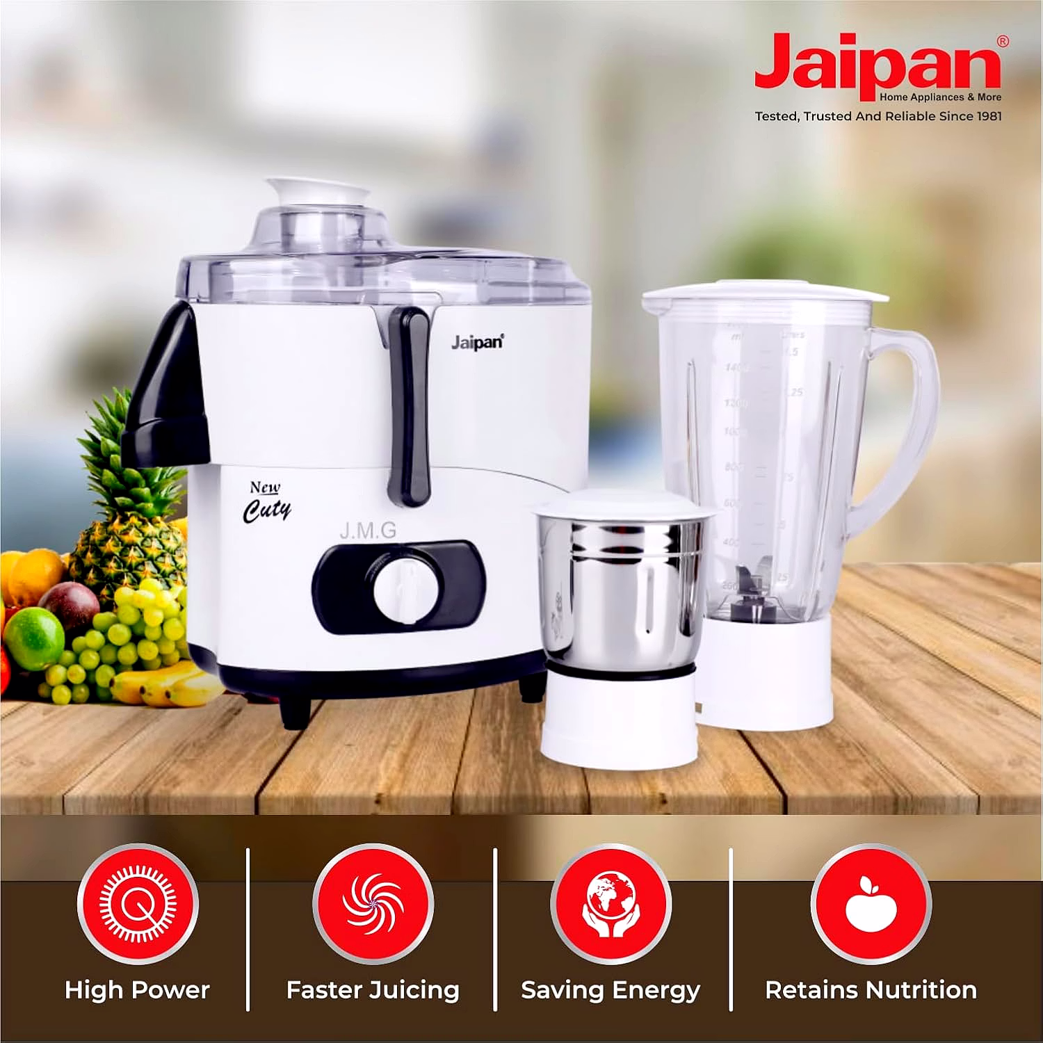 Jaipan Cuty 550 watts 3 In 1 Juicer Mixer Grinder | Turbo Motor | Virgin ABS Body | Multifunctional blades , Long Juicer Jar for efficient and versatile operation | 12 months Warranty image 6