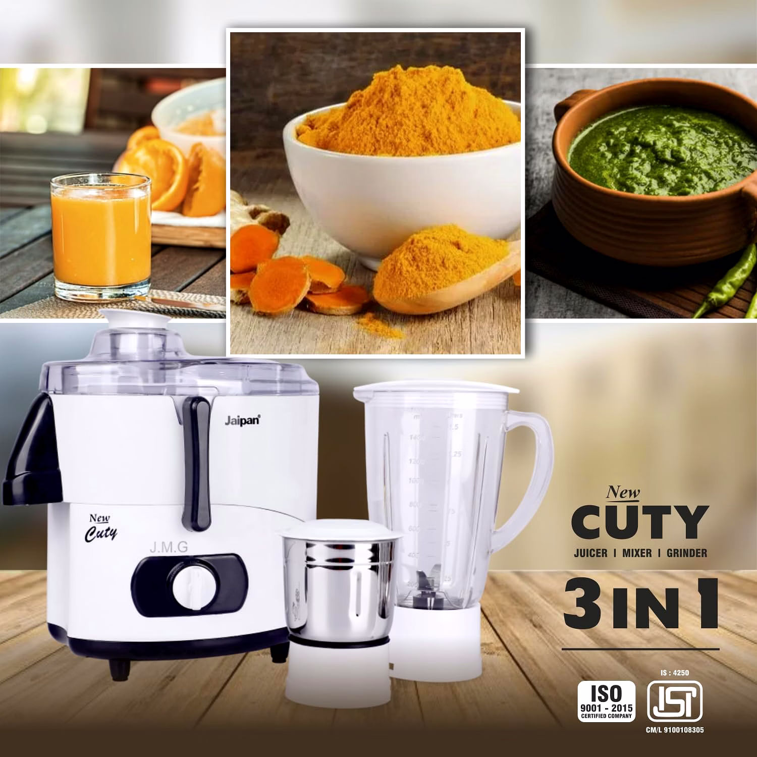 Jaipan Cuty 550 watts 3 In 1 Juicer Mixer Grinder | Turbo Motor | Virgin ABS Body | Multifunctional blades , Long Juicer Jar for efficient and versatile operation | 12 months Warranty image 4