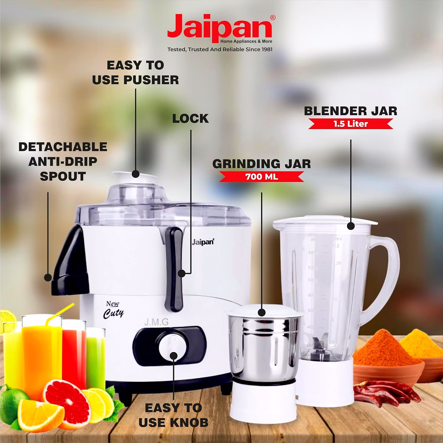 Jaipan Cuty 550 watts 3 In 1 Juicer Mixer Grinder | Turbo Motor | Virgin ABS Body | Multifunctional blades , Long Juicer Jar for efficient and versatile operation | 12 months Warranty image 2