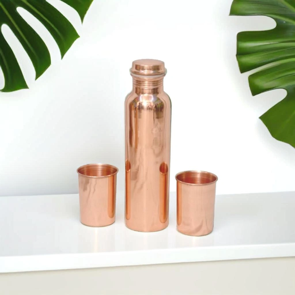 Pure Copper Water Bottle &amp; 2 Glasses Set – Black Antique Engraving Design-2