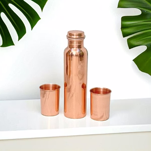 Pure Copper Water Bottle & 2 Glasses Set – Black Antique Engraving Design