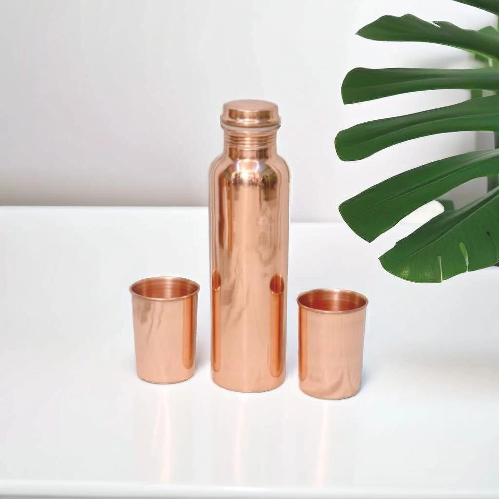 Pure Copper Water Bottle Set with 2 Copper Glass-2