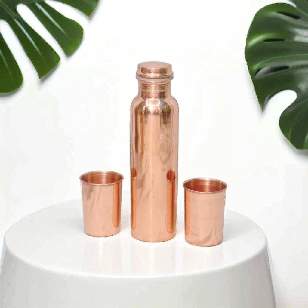 Pure Copper Water Bottle Set with 2 Copper Glass-1