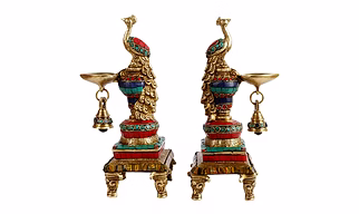 Handmade Brass Peacock Diya Stand With Bell size 11 inch approx. weight 2.9 kg