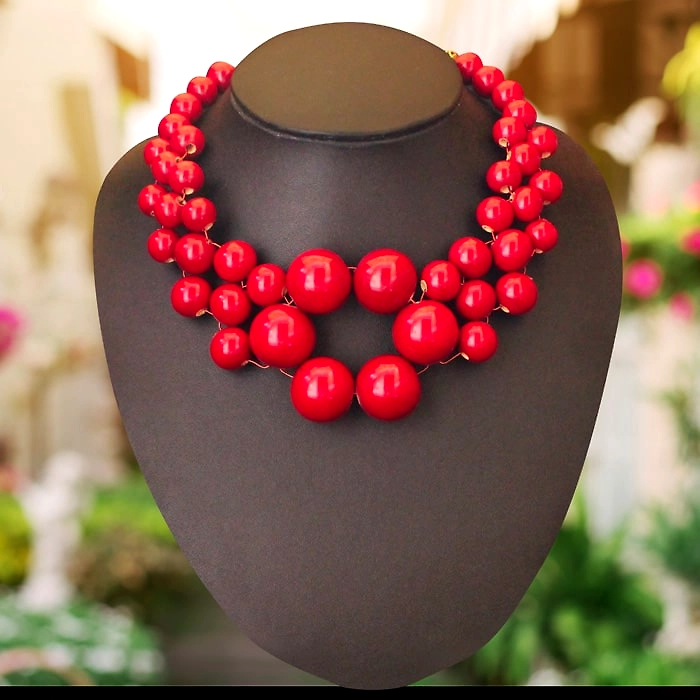 red wooden bead necklace