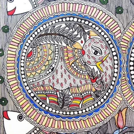 GiTAGGED® Madhubani Painting Elephant Fish Circle Art (2.8×2 ft)-1