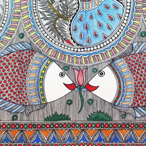 GiTAGGED® Madhubani Painting Peacock Fish Elephant Art (2.8x2ft)-GITAG-39