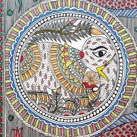 GiTAGGED® Madhubani Painting Peacock Fish Elephant Art (2.8x2ft)-1