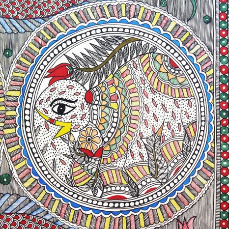 GiTAGGED® Madhubani Painting Peacock Fish Elephant Art (2.8x2ft)-3