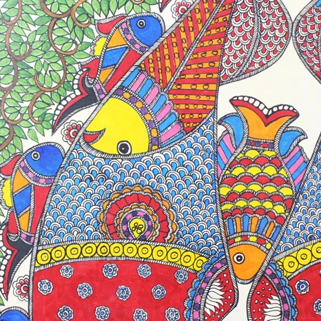 GiTAGGED® Madhubani Painting Peacock Fish Art (2×2.8ft)-2