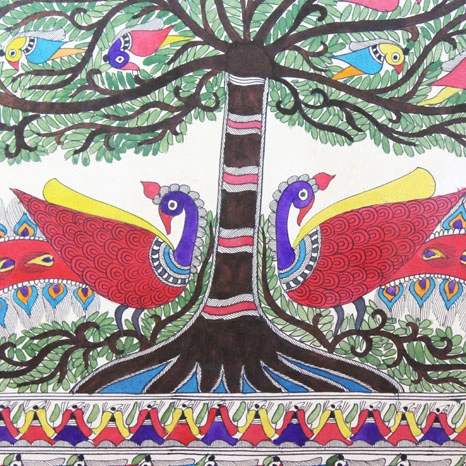 GiTAGGED® Madhubani Painting Peacock Tree of Life Art (2×2.8ft)-2