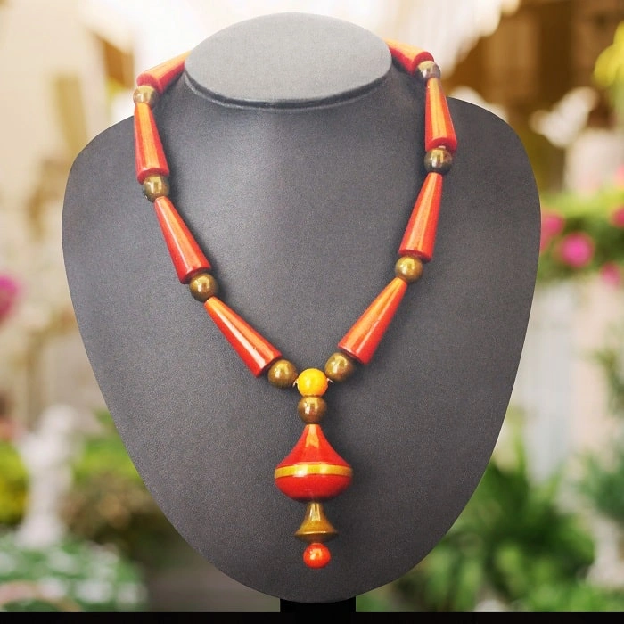 GiTAGGED Etikoppaka Orange Cone Bead Wooden Necklace-Tagged-130