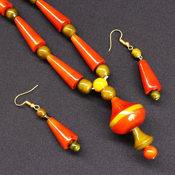 GiTAGGED Etikoppaka Orange Cone Bead Wooden Necklace-2