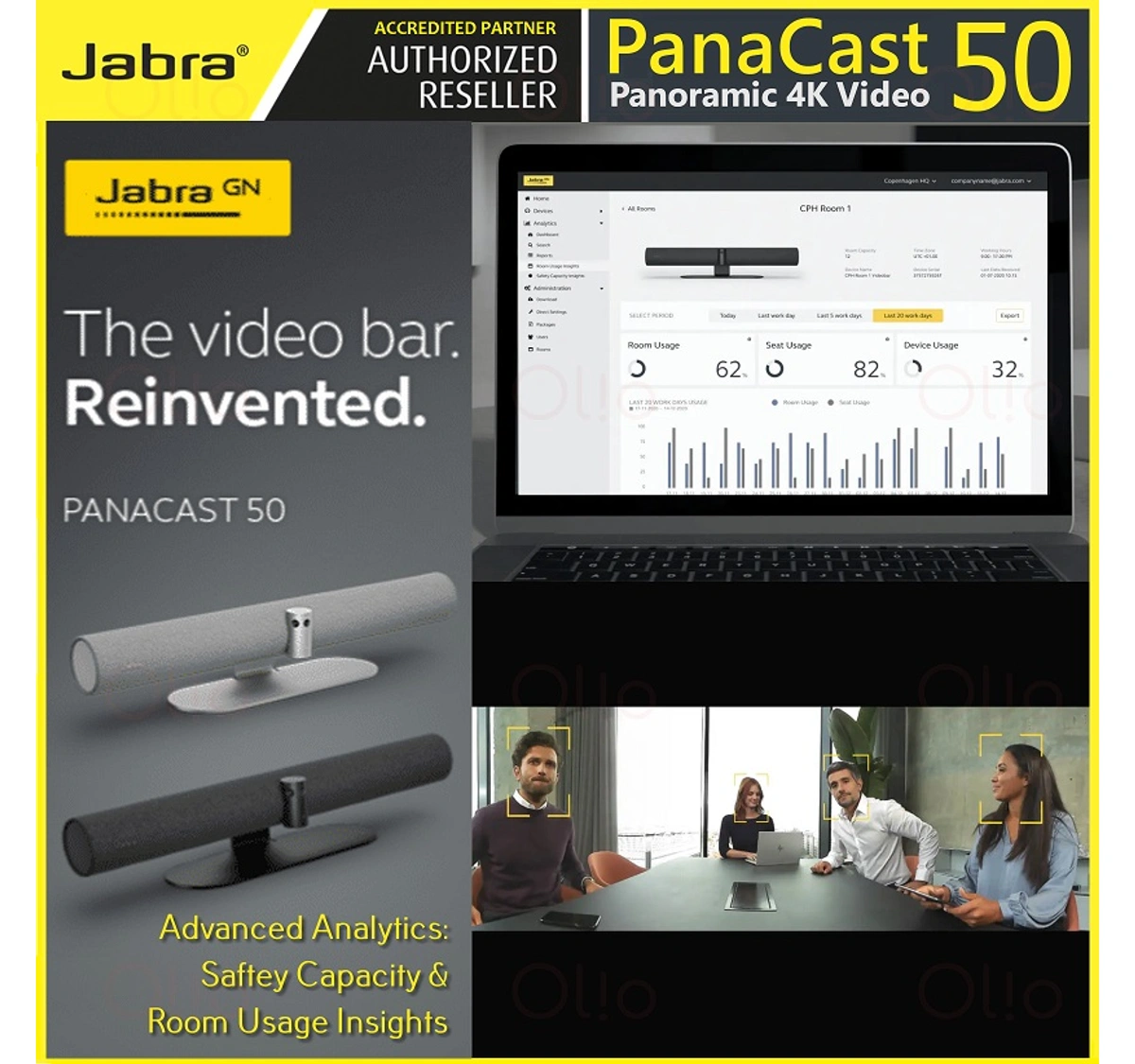 JABRA PanaCast Intelligent 4K Ultra HD Video Camera AI Powered 180°  Panoramic Full Room Coverage Option New Normal Ready. Panacast (Classic)  Panacast 20 Panacast 50 | Olio