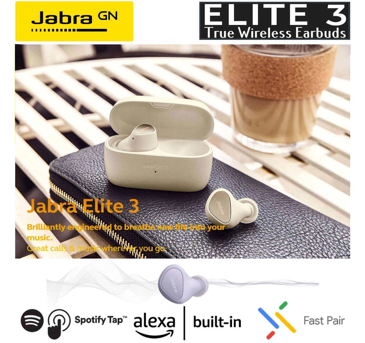 Jabra Elite 3 in Ear True Wireless Earbuds Noise Isolating with 4