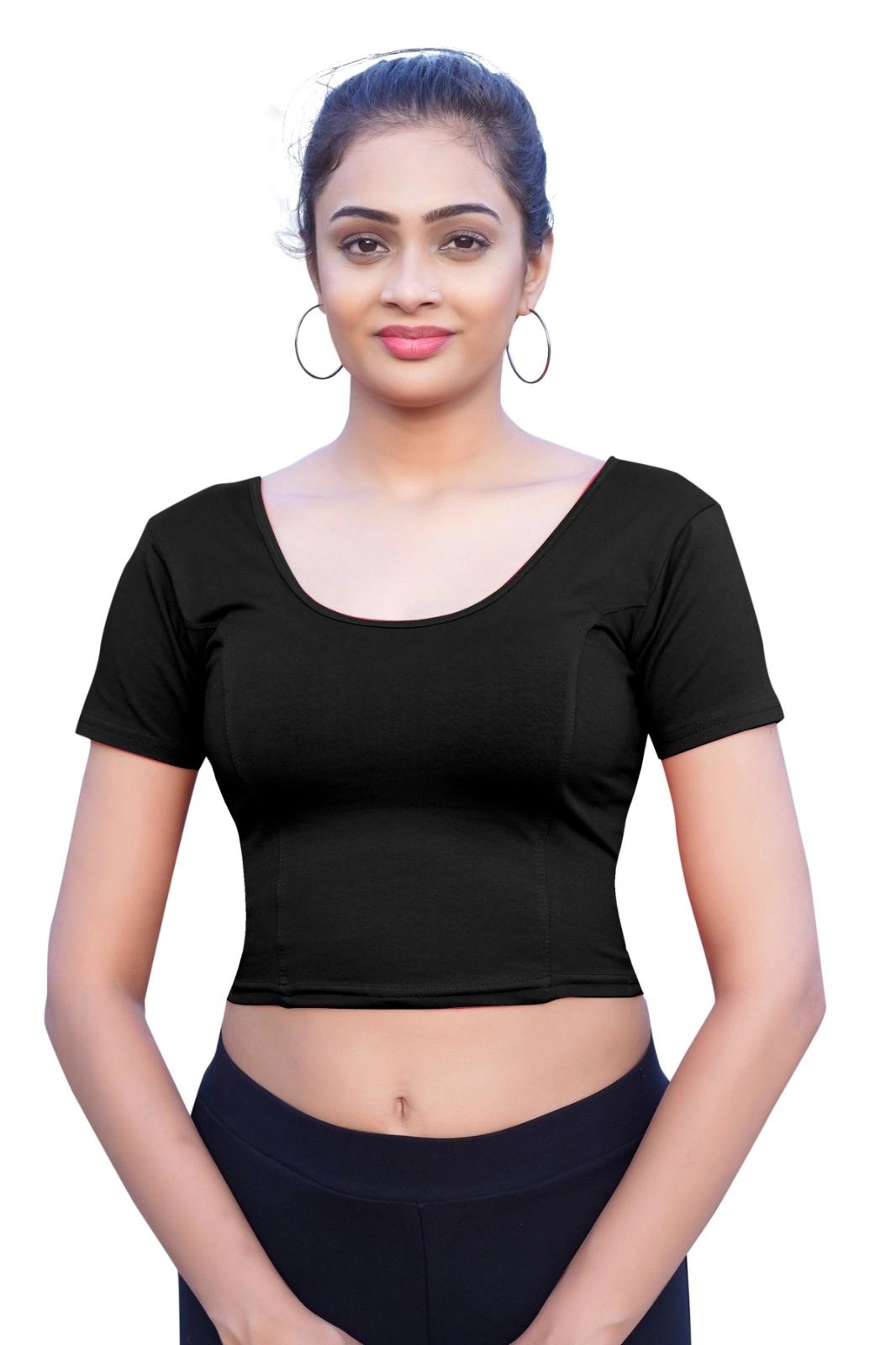 &quot;Crazy Bachat Indian Ethnic Stretchable Cotton Lycra Blouse Tops | Readymade Saree Blouse Crop Tops with Short Sleeve Patterns&quot;-SF110Black