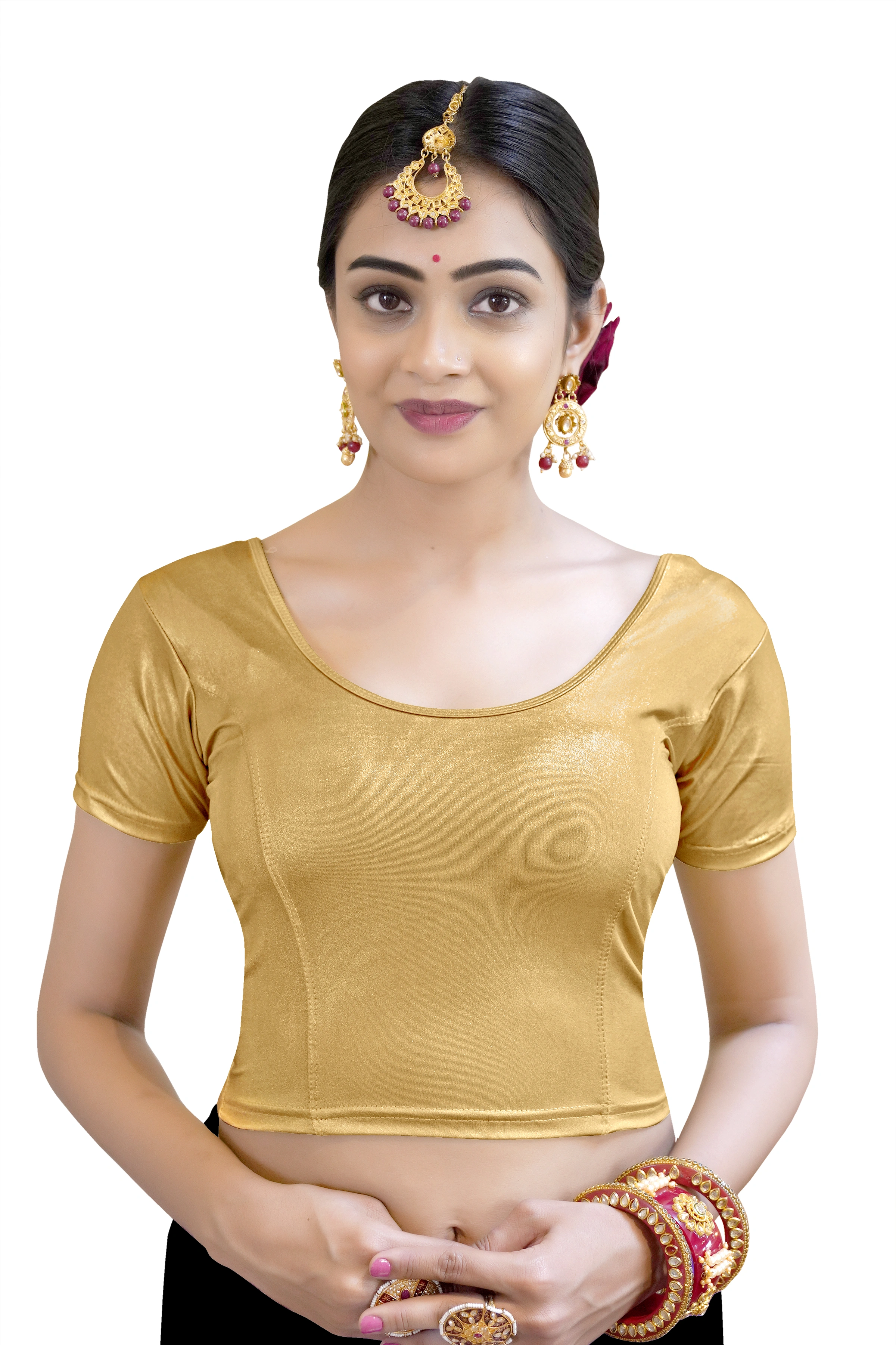 &quot;Crazy Bachat Indian Ethnic Stretchable Cotton Lycra Blouse Tops | Readymade Saree Blouse Crop Tops with Short Sleeve Patterns&quot;-SF110Golden