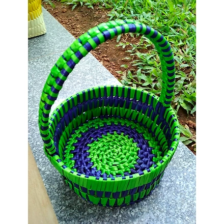 Palm Leaf Round Pooja Basket Green &amp; Blue Color-191