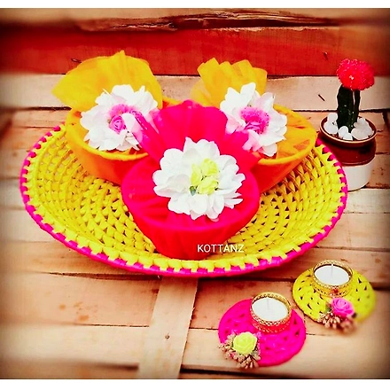 palm Leaf Round Tray with Cups Yellow &amp; pink Color-206