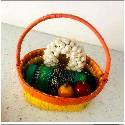 Palm Leaf Oval Pooja Basket Orange &amp; Yellow Color-177