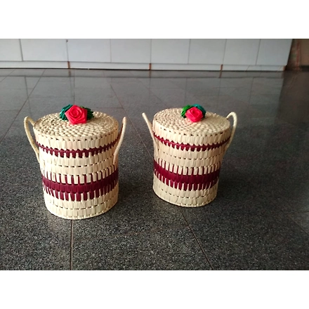 palm Leaf Round Big Box(set of Two) Meron &amp; Cream Color-236