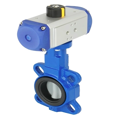 Pneumatically operated butterfly valve with actuator Close-up of a butterfly valve showing disc and 