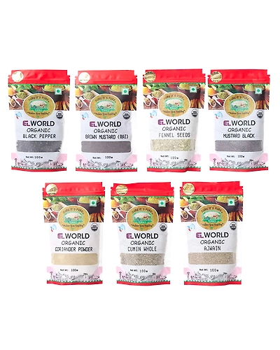 Elworld Organic Combo Pack of Coriander Whole (100g)+ Ajwain (100g)+ Black Pepper (100g)+ Mustard Black (100g)+ Cumin Whole (100g)+ Brown Mustard (100g)+ Fennel Seed (100g)-ELWCABMCBF