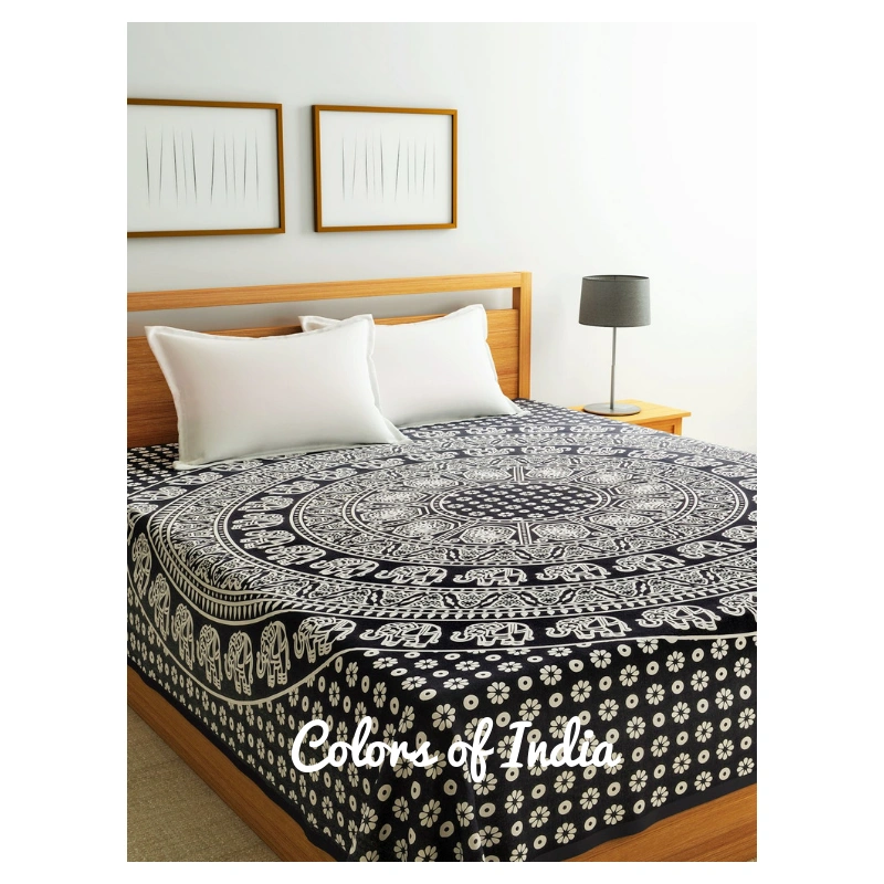 Black and White Bedsheet , Cotton Bedcover , India Bedsheet , With 2 White Pillow Covers , FREE SHIPPING-11272688