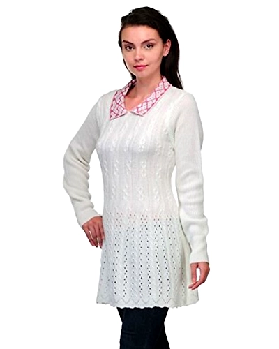 White Sweater Women , Wool Sweater Women ,Winter Tops for Women ,Collared Sweater , Sweater Tunics for Women, FREE SHIPPING-With Red Collar-4
