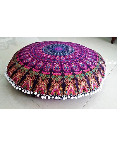 Indian Floor Pillows , 32 Inch Round Pillow Cover , Boho Floor Cushion Round , Mandala Pillow Cover ,Purple Cushion Cover , FREE SHIPPING-1