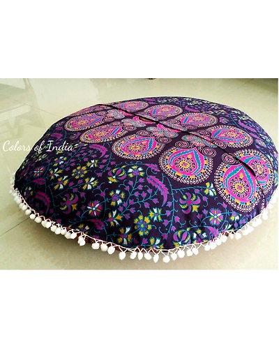 Indian Floor Pillows , 32 Inch Round Pillow Cover , Boho Floor Cushion Round , Mandala Pillow Cover ,Purple Cushion Cover , FREE SHIPPING-2