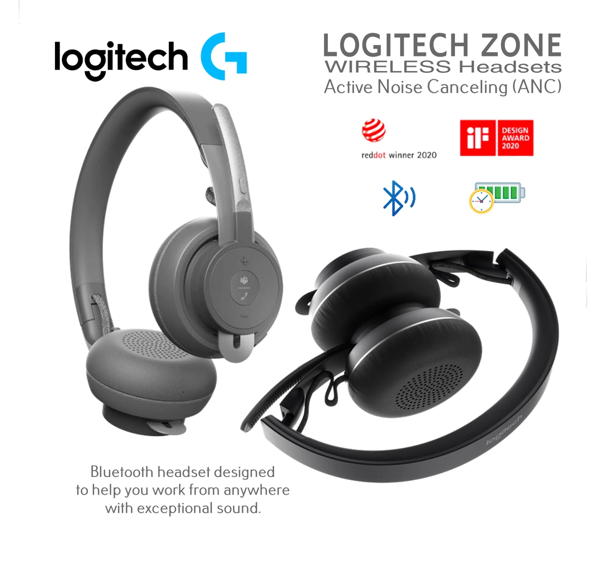 LOGITECH ZONE WIRELESS Headset Active Noise Canceling (ANC) Bluetooth  Rotatable Boom Mic Technology Immersive Premium Audio Solution Calls and  Music Anywhere Certified for Business