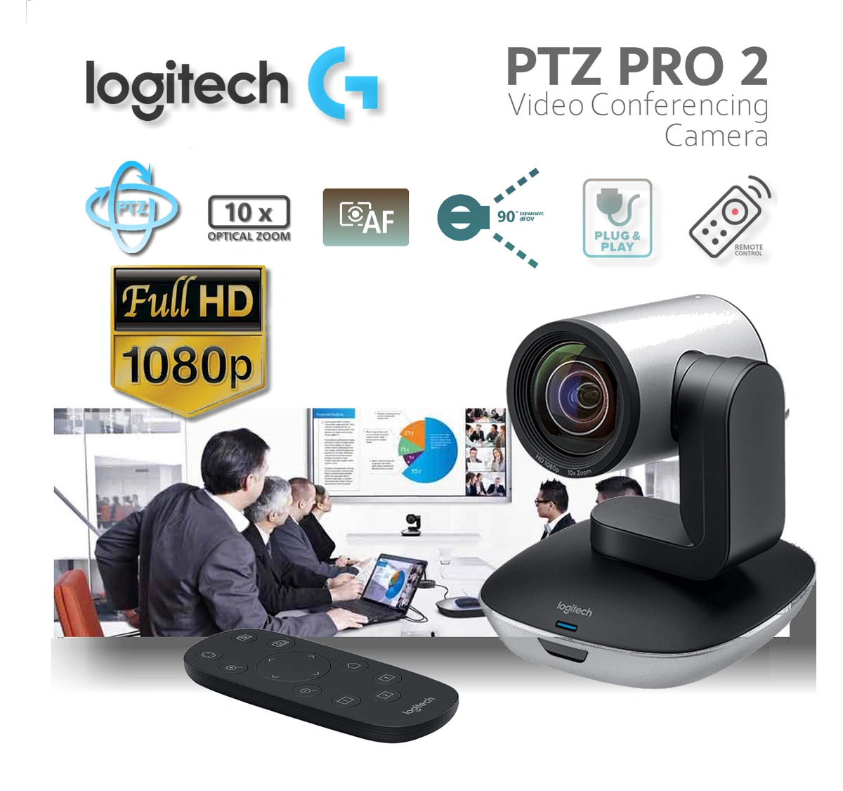 Logitech PTZ PRO 2 Video Camera for Conference Rooms, HD 1080p Video -  Auto-focus USB Black/Silver