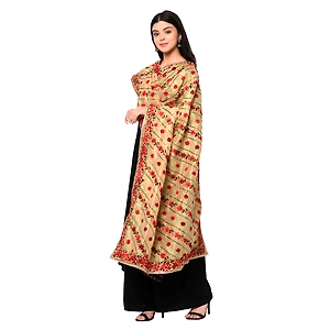 Classic Phulkari Dupatta In Golden Color With Red Embroidery by The Amritsar Store