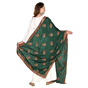 Handmade Intricate Aari Embroidery Buti Work With Four Side Border Dupatta in Green & Navy Shade By The Amritsar Store