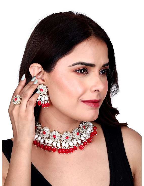 Designer Trendy Red Jewellry With Earring And Finger Ring-DuobleFittindredset