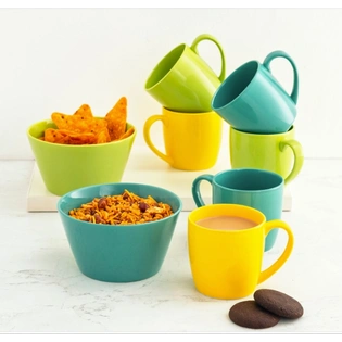 Ceramic Multicolor Munch Snack Set (6 Mugs + 2 Bowls)