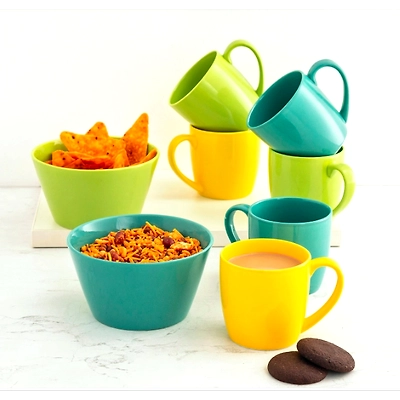 Ceramic Multicolor Munch Snack Set (6 Mugs + 2 Bowls)