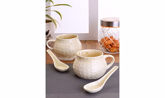 Ceramic Creme Soup Bowl & Cup with Spoon ,300ml, Set of 2+2 (HA1)