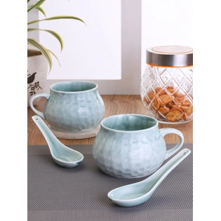 Ceramic Creme Soup Bowl & Cup with Spoon ,300ml, Set of 2+2 (HA2)