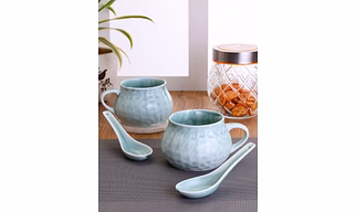 Ceramic Creme Soup Bowl & Cup with Spoon ,300ml, Set of 2+2 (HA2)