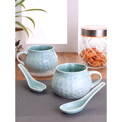 Ceramic Creme Soup Bowl & Cup with Spoon ,300ml, Set of 2+2 (HA2)