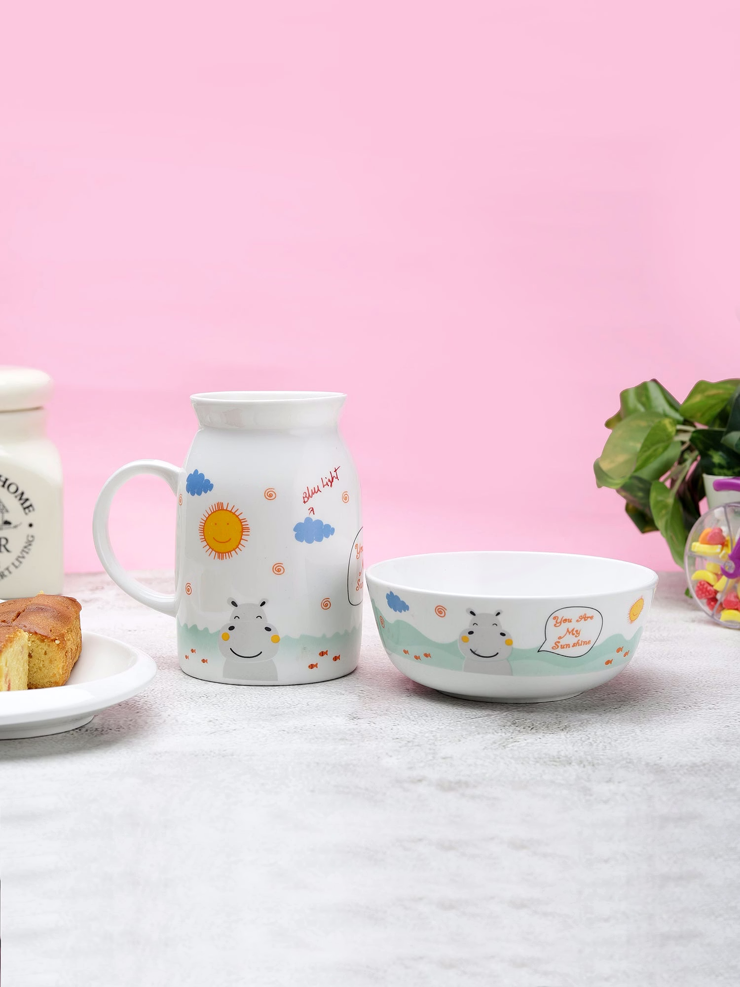 Cane Milk Mug with Bowl Set of 2 for Kids Breakfast (Hippo) image 3