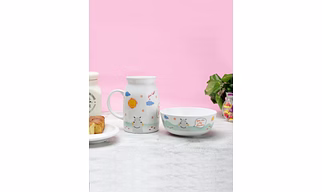 Cane Milk Mug with Bowl Set of 2 for Kids Breakfast (Hippo)