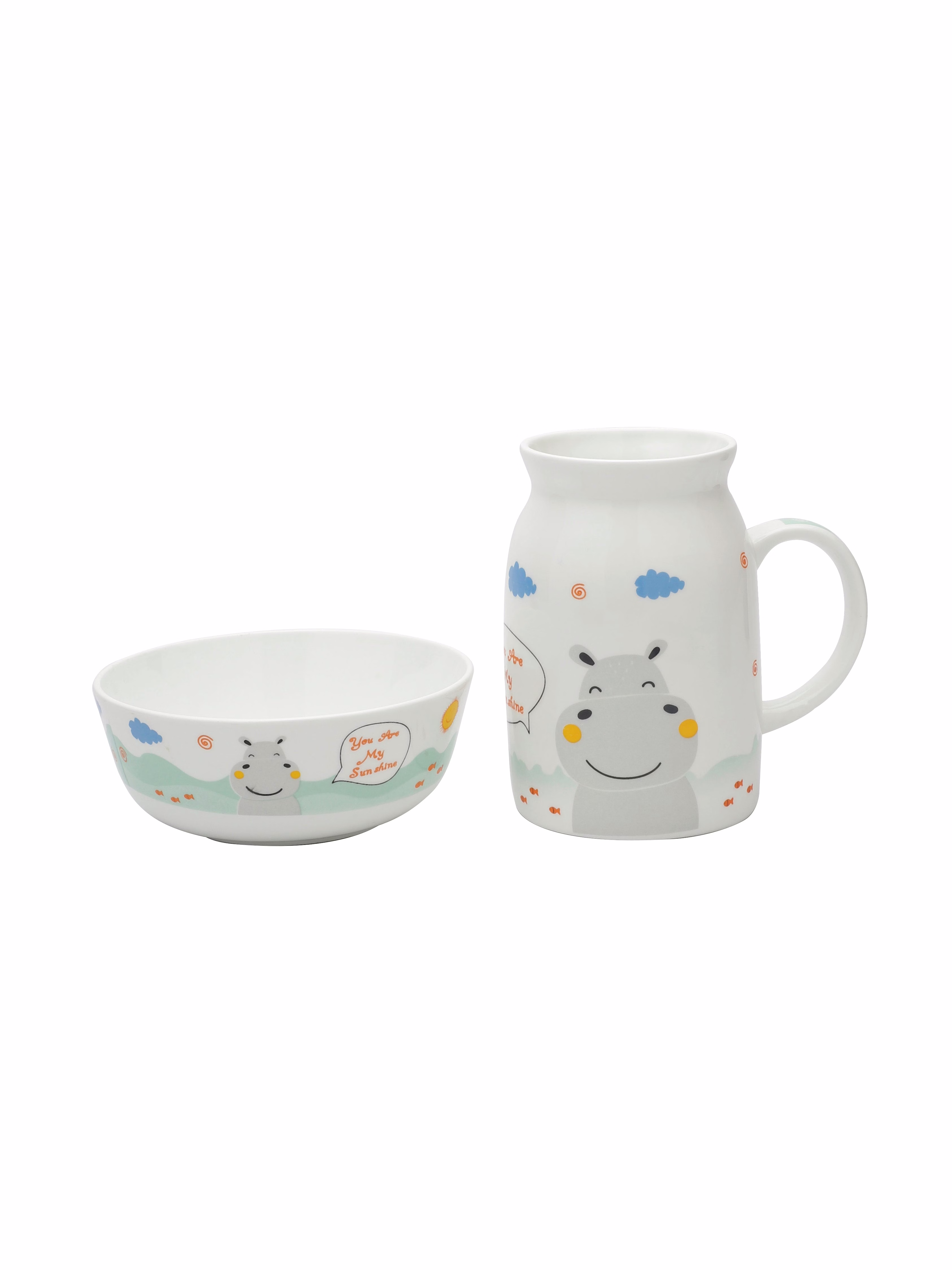 Cane Milk Mug with Bowl Set of 2 for Kids Breakfast (Hippo) image 1
