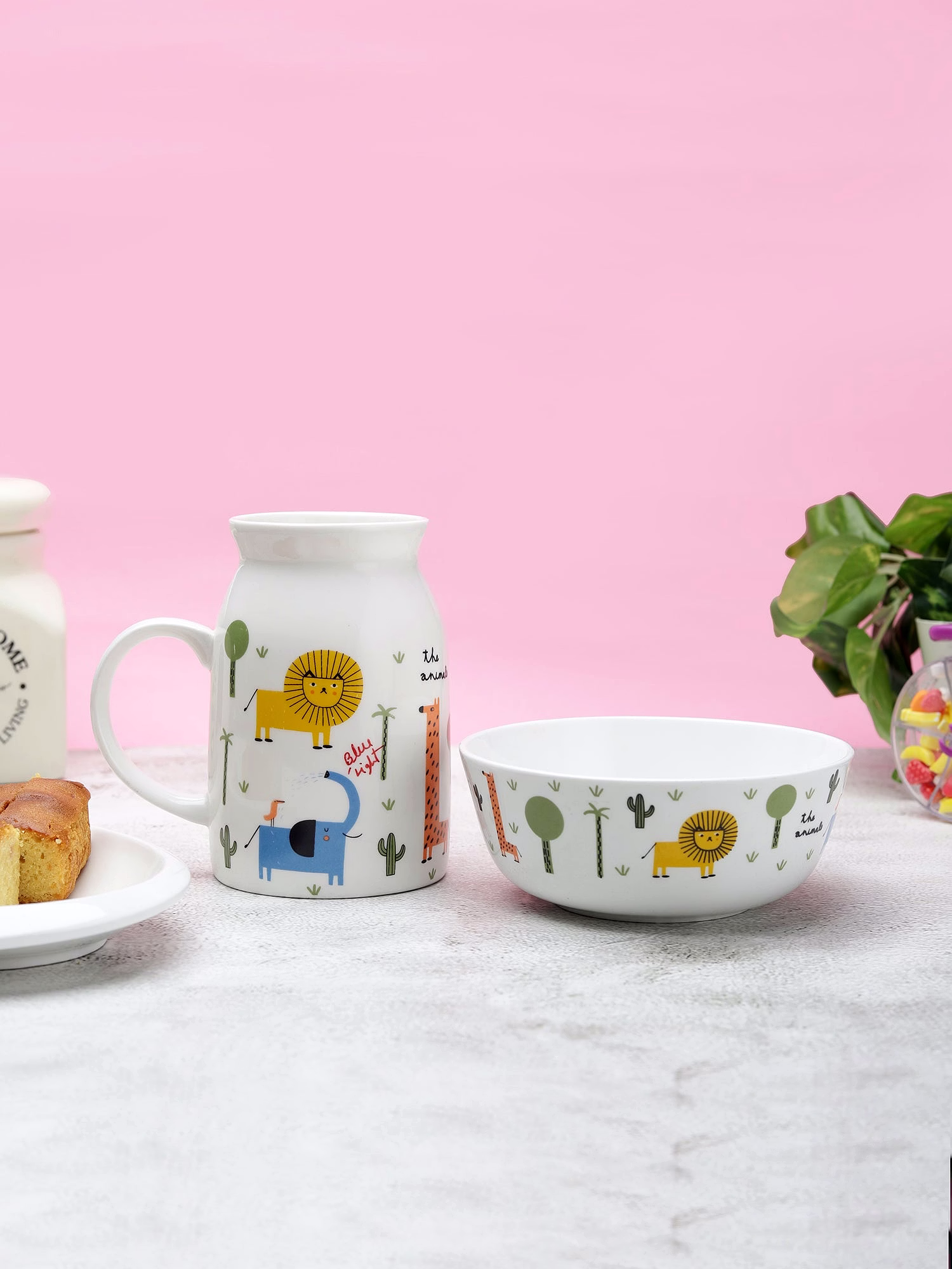 Cane Milk Mug with Bowl Set of 2 for Kids Breakfast (Lion) image 3