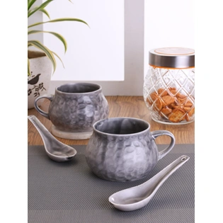 Ceramic Creme Soup Bowl & Cup with Spoon ,300ml, Set of 2+2 (HA3)