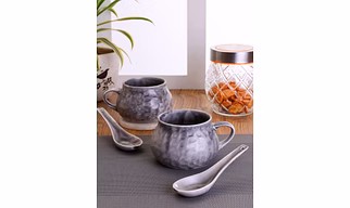 Ceramic Creme Soup Bowl & Cup with Spoon ,300ml, Set of 2+2 (HA3)