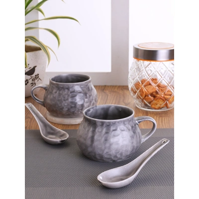 Ceramic Creme Soup Bowl & Cup with Spoon ,300ml, Set of 2+2 (HA3)